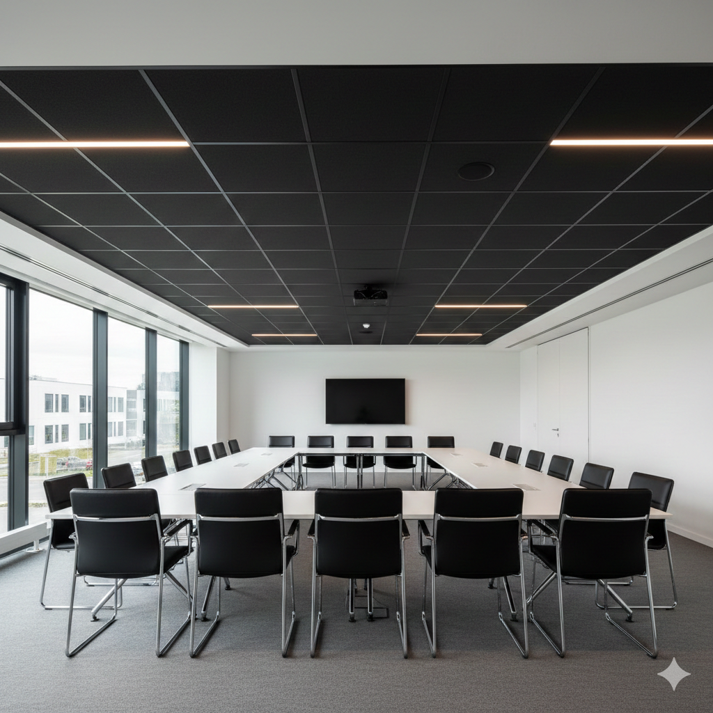 Pose d’un faux plafond acoustique avec dalles noires sur ossature cachée dans salle de conférence de 120 m² à Aix-les-Milles.
