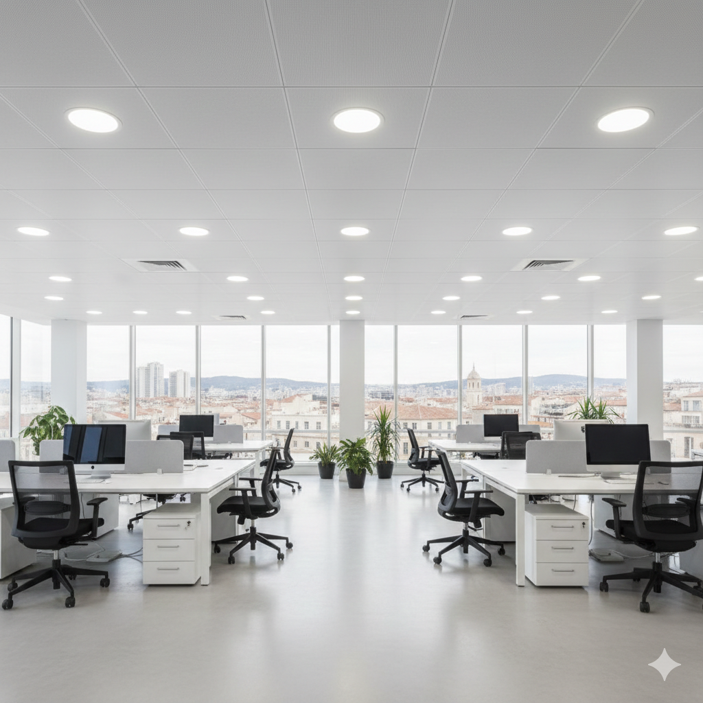 Combien coûte un faux plafond suspendu avec spots LED intégrés dans des bureaux professionnels de 100 m² à Marseille 13008 ?