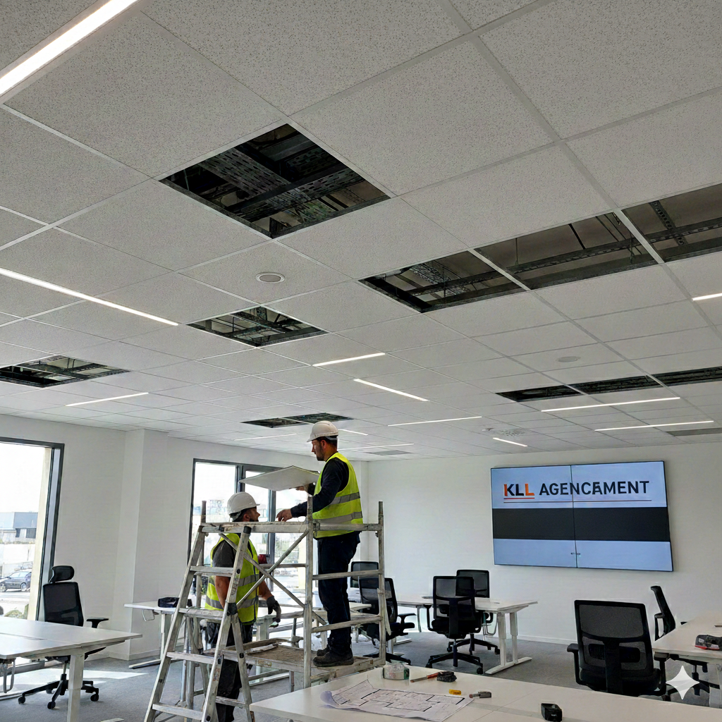 Entreprise de pose de faux plafond en dalles acoustiques démontables sur 130 m² avec intégration d’éclairage LED à Aix-les-Milles.