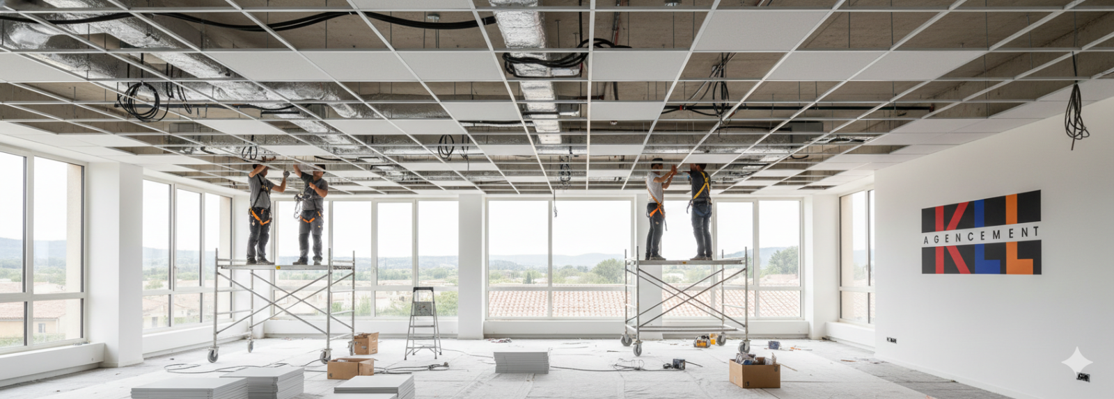 Pose de faux plafond en dalle 60x60 acoustique avec ossature blanche apparente dans open space de 120 m² à Gardanne.