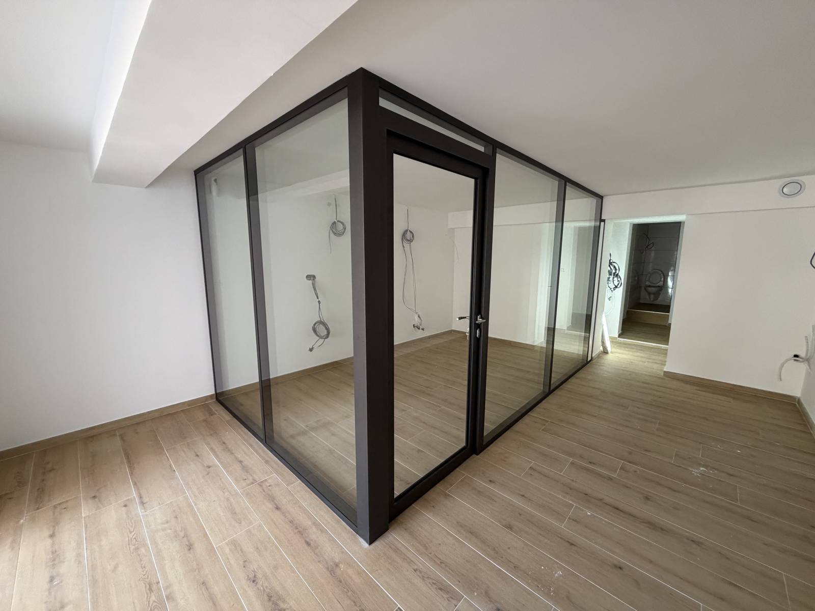 Création et installation d'une cabine vitrée tout hauteur en aluminium noir pour un centre auditif à Plan de cuques