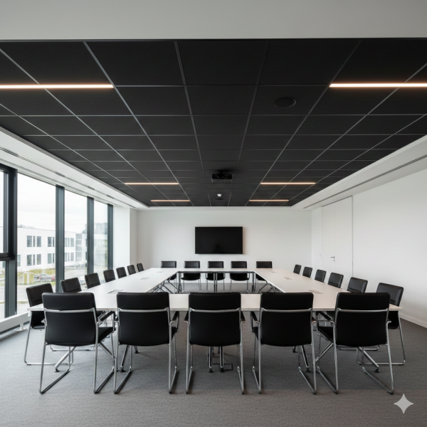 Pose d’un faux plafond acoustique avec dalles noires sur ossature cachée dans salle de conférence de 120 m² à Aix-les-Milles.