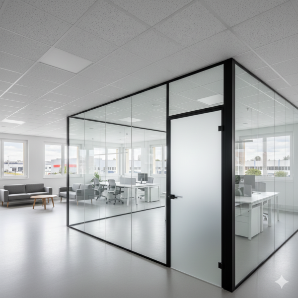 Aménagement d’un open space avec cloison vitrée acoustique, porte isophonique et faux plafond démontable pour entreprise à Aix-les-Milles dans la zone industrielle Sud.