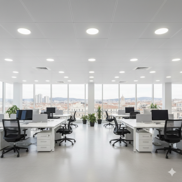 Combien coûte un faux plafond suspendu avec spots LED intégrés dans des bureaux professionnels de 100 m² à Marseille 13008 ?