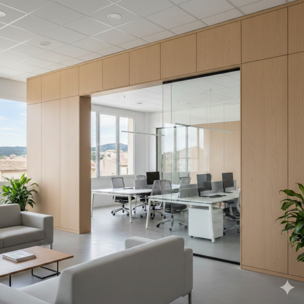 Fourniture et pose de cloison pleine en panneaux mélaminés avec huisserie invisible et finition chêne clair pour bureaux d’entreprise à Aubagne zone Napollon.