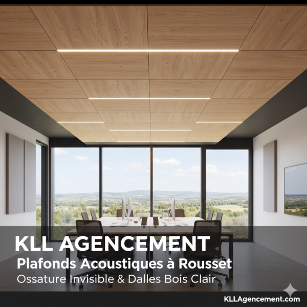 Installation d’un faux plafond acoustique sur ossature invisible avec dalles décoratives finition bois clair dans bureaux à Rousset 13790.