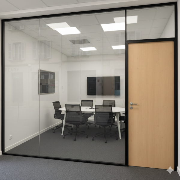 Installation de cloison amovible dans salle de réunion avec vitrage clair, stores intégrés, porte pleine acoustique et plafonnier encastré à Aubagne centre.