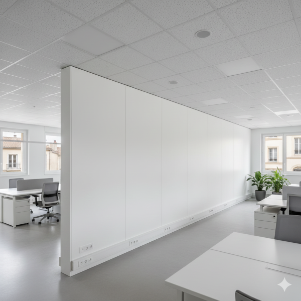 Installation complète de cloison pleine acoustique finition stratifiée blanche avec faux plafond démontable et plinthes techniques intégrées pour bureaux à Aubagne centre-ville.
