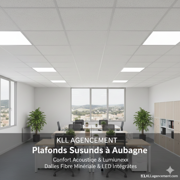 Quel est le prix d’un plafond suspendu avec panneau LED intégré et dalle fibre minérale pour bureau de 50 m² à Aubagne ?