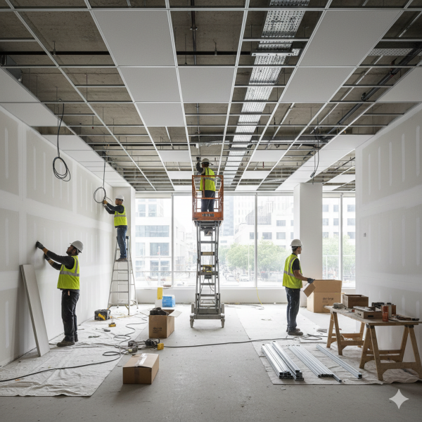 Comment chiffrer un faux plafond suspendu avec ossature métallique et panneaux acoustiques dans salle de réunion de 90 m² à Gardanne ?