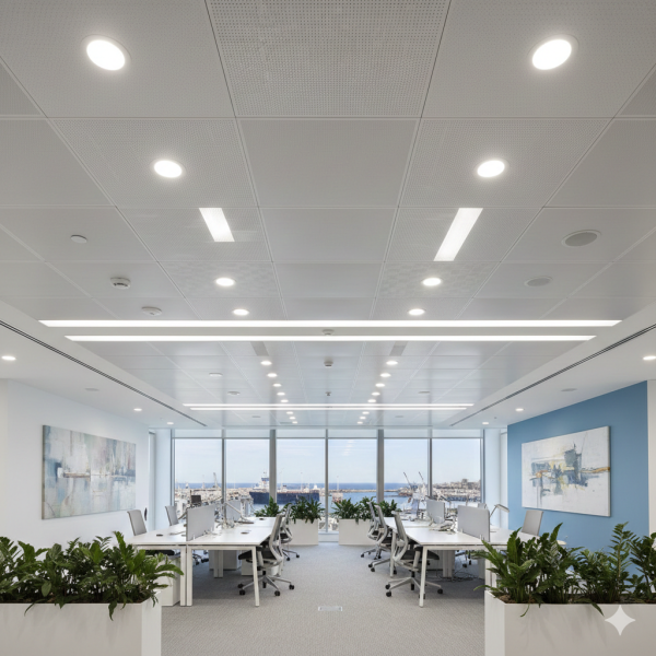 Tarif pour pose de plafond suspendu avec spots LED, dalle décorative et structure invisible dans bureaux à Marseille secteur Joliette.