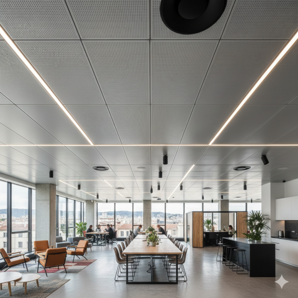 Pose de faux plafond métallique perforé avec absorption phonique renforcée dans un environnement de coworking de 200 m² à Marseille.